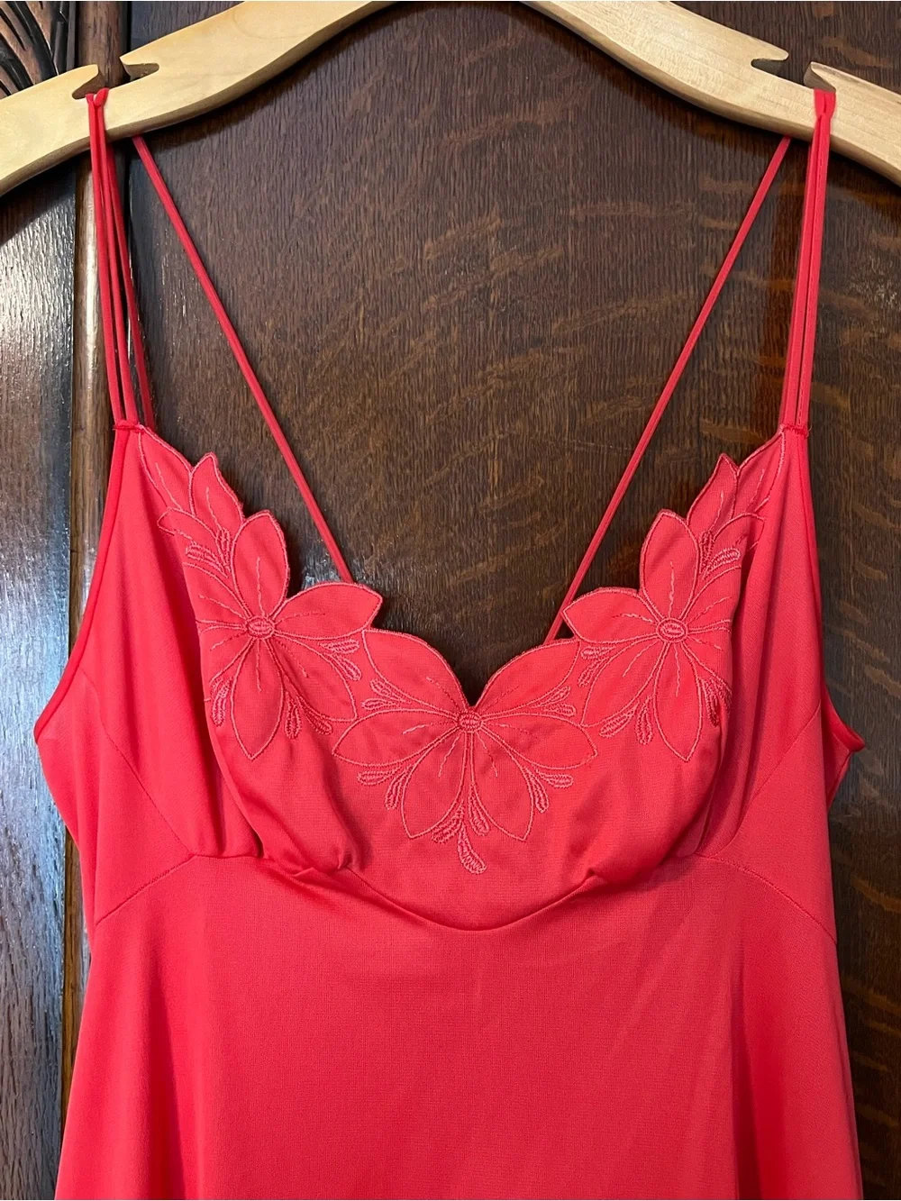 VINTAGE Red Lace-Detail Long Slip Chemise Size Small